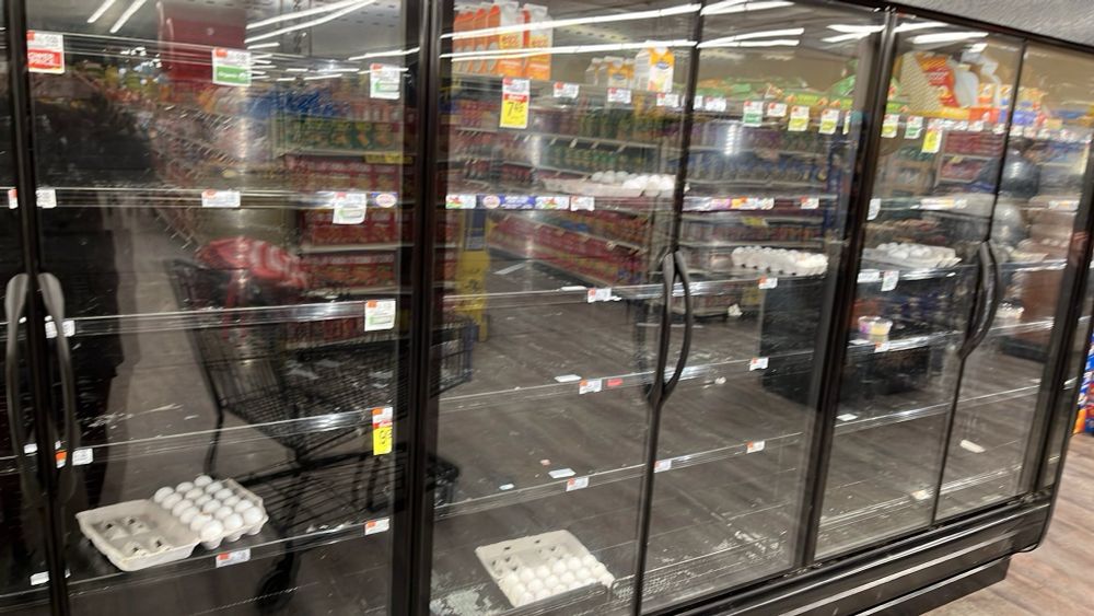 a nearly empty refrigerated display case of eggs at a grocery store, with maybe five or six 18-egg cartons open to show that most of the eggs in them are broken.
