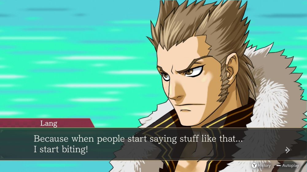 Lang from Ace Attorney Investigation's 2 saying "Because when people start saying stuff like that...I start biting!"