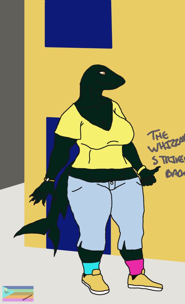 A female anthropomorphic shark stands on a city street corner. She is ten feet tall and weighs 750 pounds. She wears bright clothing with mismatched socks. On the wall behind her, there is graffiti which reads, "The Whizzard Strikes Back". This is a reference to one of KC Green's most infamous characters.