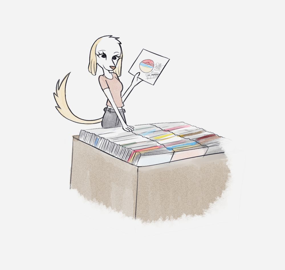 inui borzoi from aggretsuko holding up a vinyl while browsing through a collection 