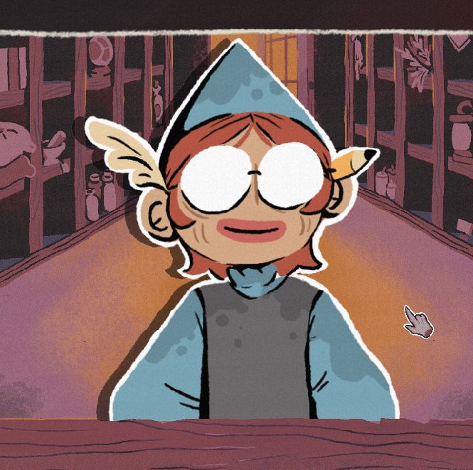 A screen shot from "Gratis", depicting a a person with a blue hat and shirt, a grey waistcoat, red hair, glasses, and a pencil and quill behind their left and right ears respectively. Their face is wrinckled and their lips are thick, in contrast to their previous appearance.