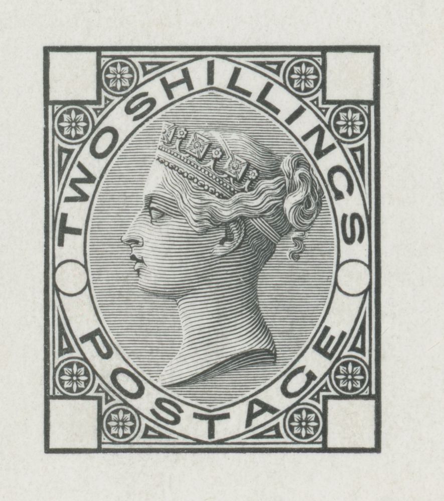 Black and white 1872 die proof of Victorian 2-shilling postage stamp in a redrawn design that was never issued. The letterpress engraving incorporates a decorative frame and uses variable line thickness to creat subtle shading effects on the Queen’s profile portrait.