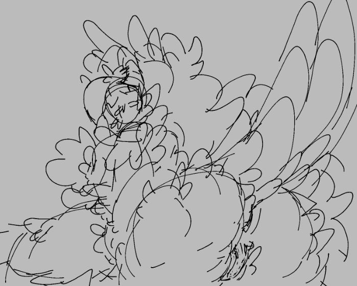 a sketch of my fursona, an anthro macaw looking back to the viewer with their backside fully on display