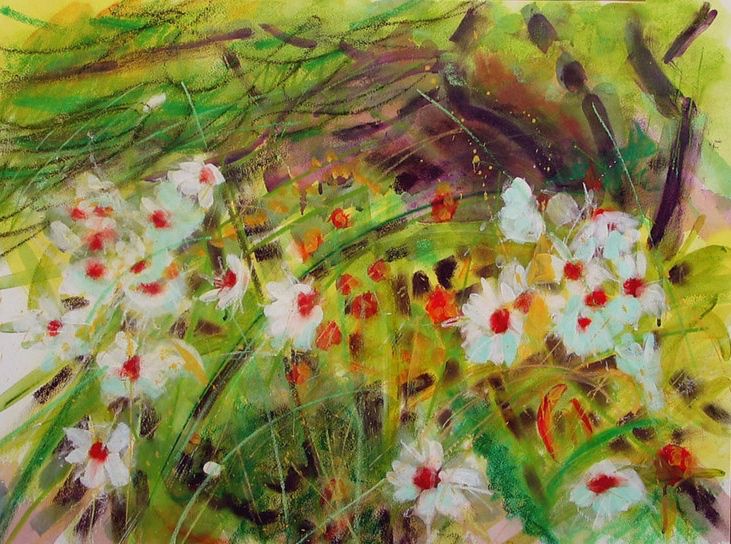 4 images of hedgerows, loosely done, very colourful.
Amateur attempts!
Flowers. 
With no clear style established. 
Playing. 