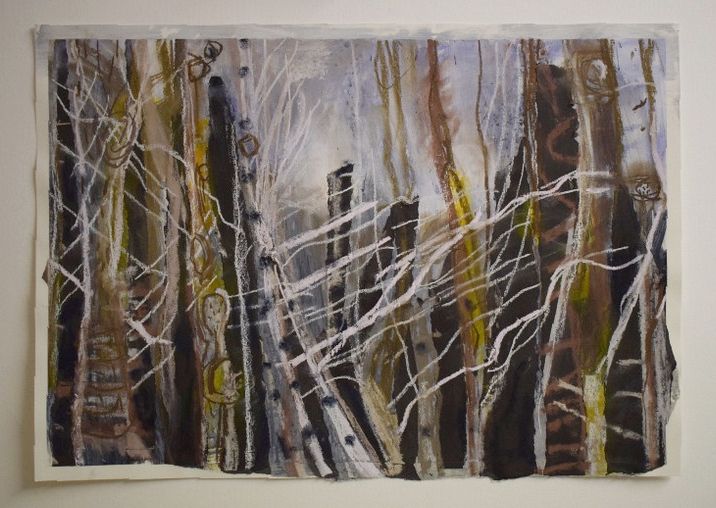 A painting, part collage, of trees in a wood. Mostly acrylic and pastel. 
