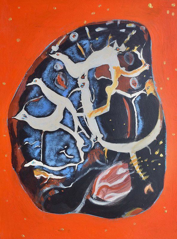 Painting of a stone from a local beach that had been used as a tip for local industry. I suspect some heat process had caused the strange melting and cracking patterns, which reminded me of animals, and images of flying planets. 