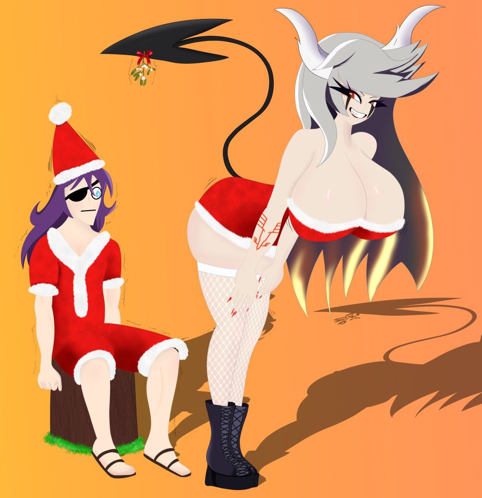 Mistress Doom in a revealing sexy Mrs. Claus costume in fishnets and boobs showing her bum and with large breasts. A flustered Captain Fluff is her victim
