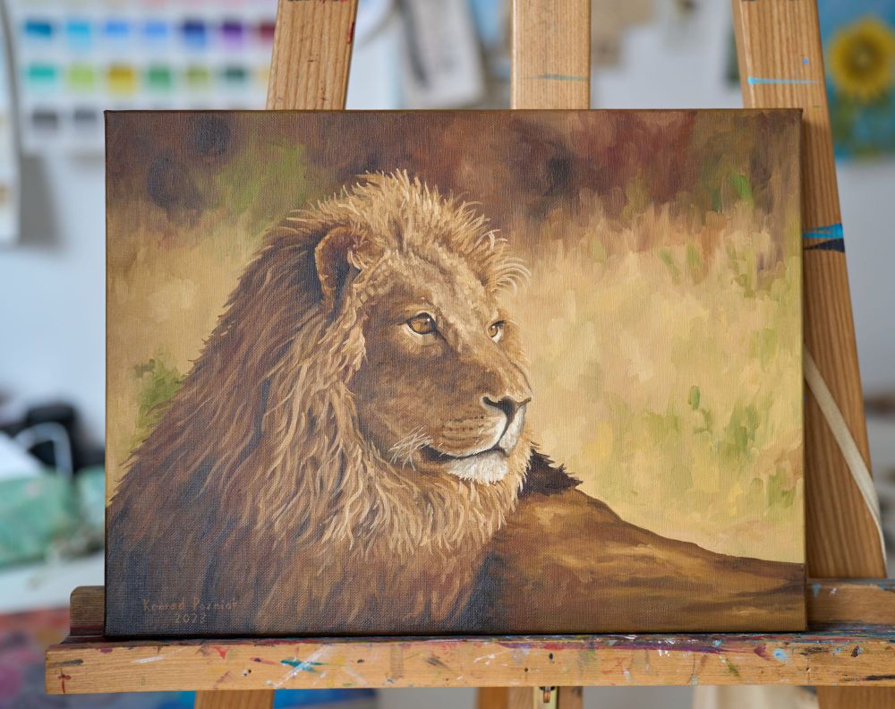 An oil painting of a lion laying in the sun