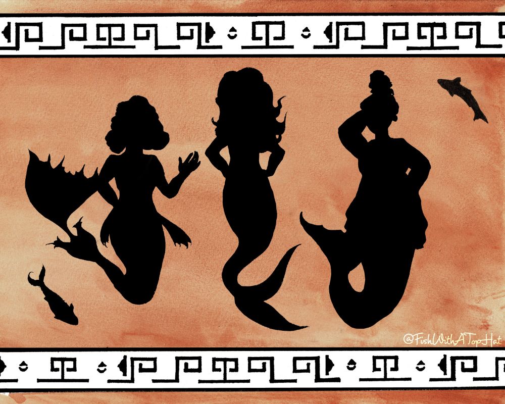 A pottery-inspired ink illustration with a trio of mermaid silhouettes. The background is the orangish tan of old Greek pottery, and geometric patterns run along the top and bottom in white bands. Each of the mermaids has a different tail style, body shape, and hair style. Two fish silhouettes swim around the mermaids on the outer edges. 