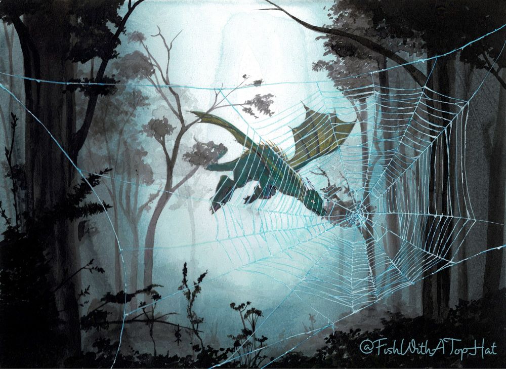 A dragon flies through a foggy forest... straight at a huge spiderweb. It isn't going to end well.
