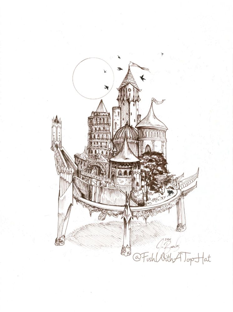 An ink illustration of a walking castle with numerous towers. Four stone pillars appear to be its "legs," with three protrusions in the back as a tail. Birds fly around the highest tower and a full moon is in the background.

The artist is @FishWithATopHat. 