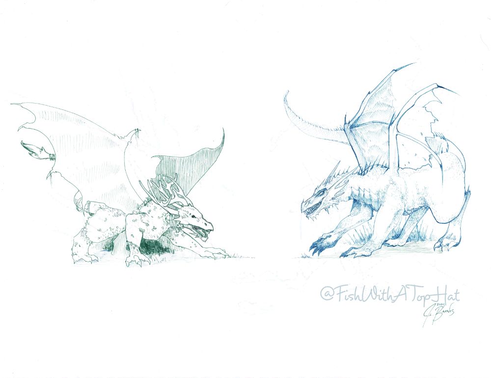 Two different styles of dragon facing off against each other--a more nature-themed dragon, with leaves for scales and antlers, against a slightly larger spiked, more traditional dragon. Neither looks very friendly.