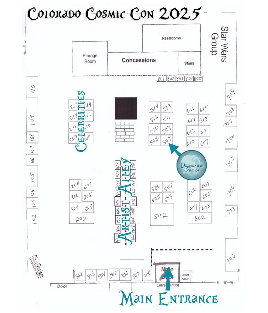 A map of the venue for Colorado Cosmic Con 2025. The main entrance, artist alley, and celebrities are labeled. The location of the DragonCrest Studios booth is in the second row from the right, in the middle corner; it's near the panel stage.