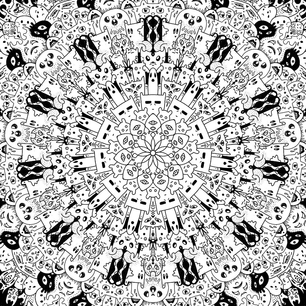 Mandala em preto e branco de monstrinhos variados preenchendo todo o papel. Os monstros são diversos: possuem chifres, três olhos, têm expressões confusas, são dentuços, etc. Tem uma vibe fofa. 