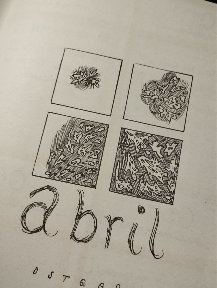 Desenho de abril. Quatro quadrados: manchinhas aleatórias crescem progressivamente do quadrado um ao quadrado quatro, tomando todo o espaço, como se fossem células se multiplicando ou algo mais sinistro.