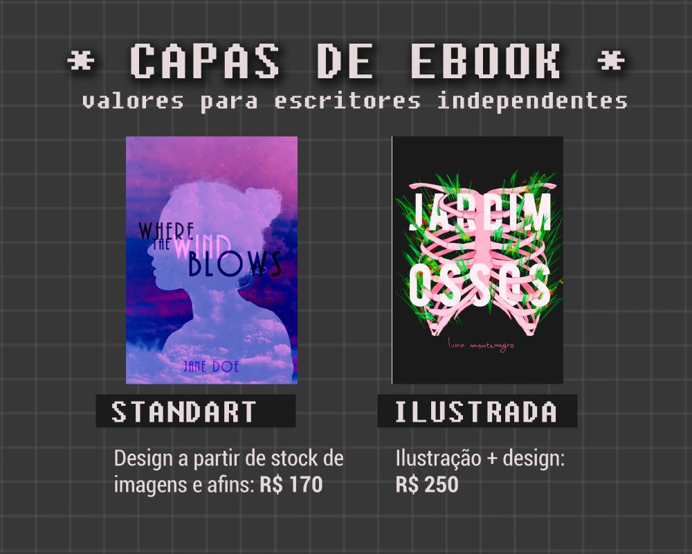 Card com os valores das capas de ebook para escritores independentes. Standart, com o design a partir de stock de imagens e afins, é 170 reais, enquanto a capa ilustrada junto ao design custa 250 reais.