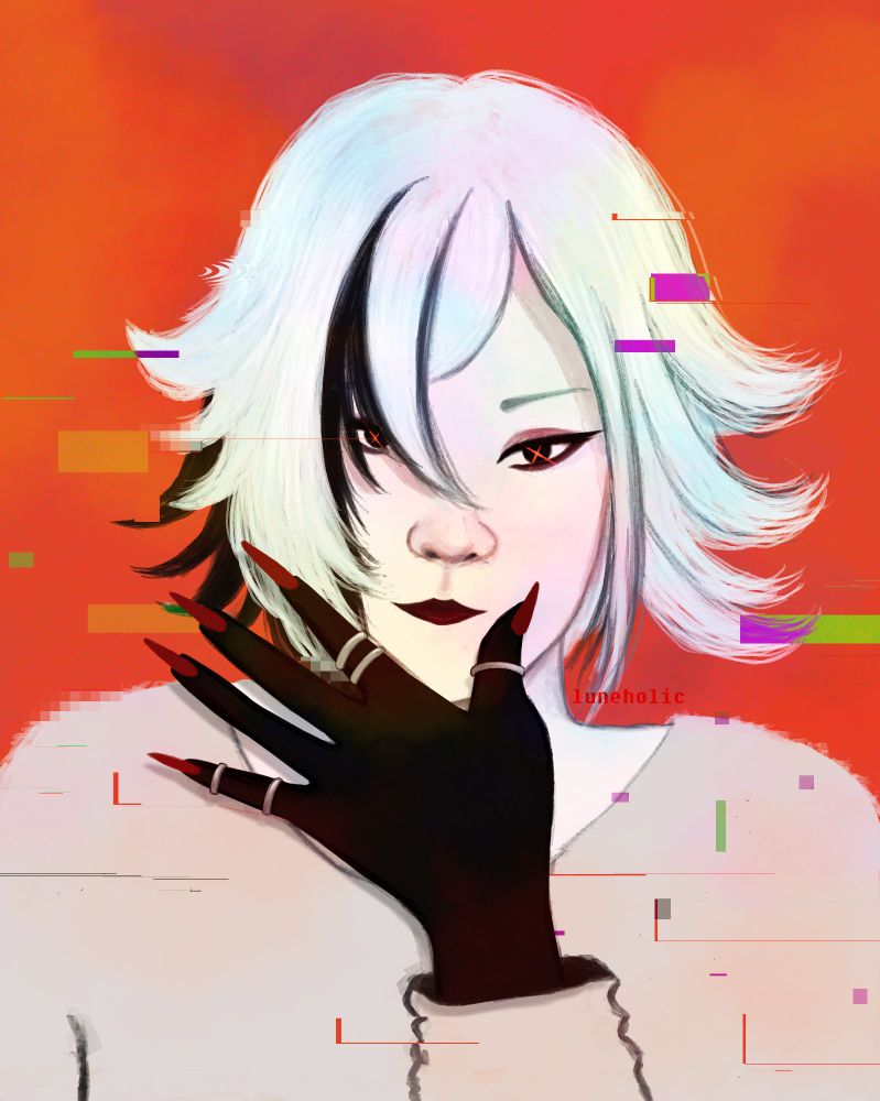Fanart de Arlecchino (Genshin Impact). Ela encara você, com uma mão negra e unhas vermelhas tocando o queixo. Arlecchino é séria: tem cabelos brancos e repicados, com fundo escuro, e seus olhos bem delineados tem um X vermelho na frente. Ela usa moletom cinza, e em toda a imagem, há efeitos de glitches digitais, como se falhasse. 