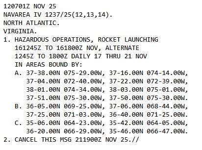 screenshot of text of Navigational Warning NAVAREA IV 1237/25 giving coordinates for three exclusion zones in the northwest Atlantic