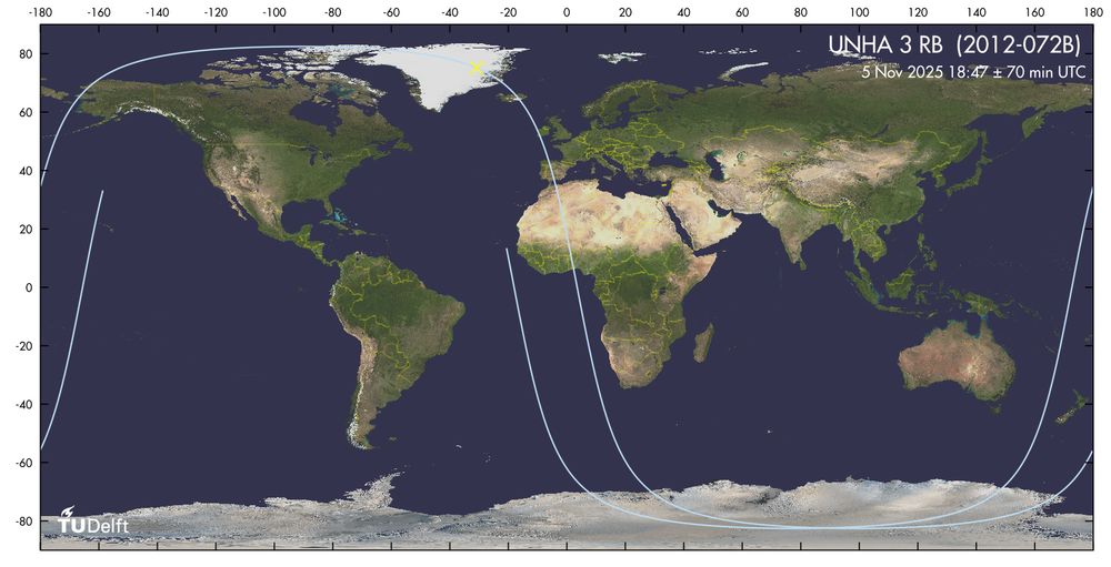 map with the trajectory of the rocket stage over the 140-minute uncertainty window in the forecast