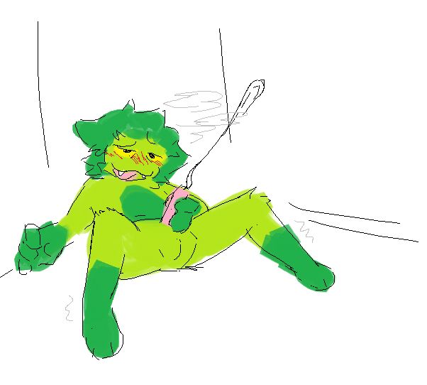 colored ms paint doodle of dustin the green cat slouched down in the corner of a small box, touching his penis and cumming ropes into the air, dopey with pleasure.