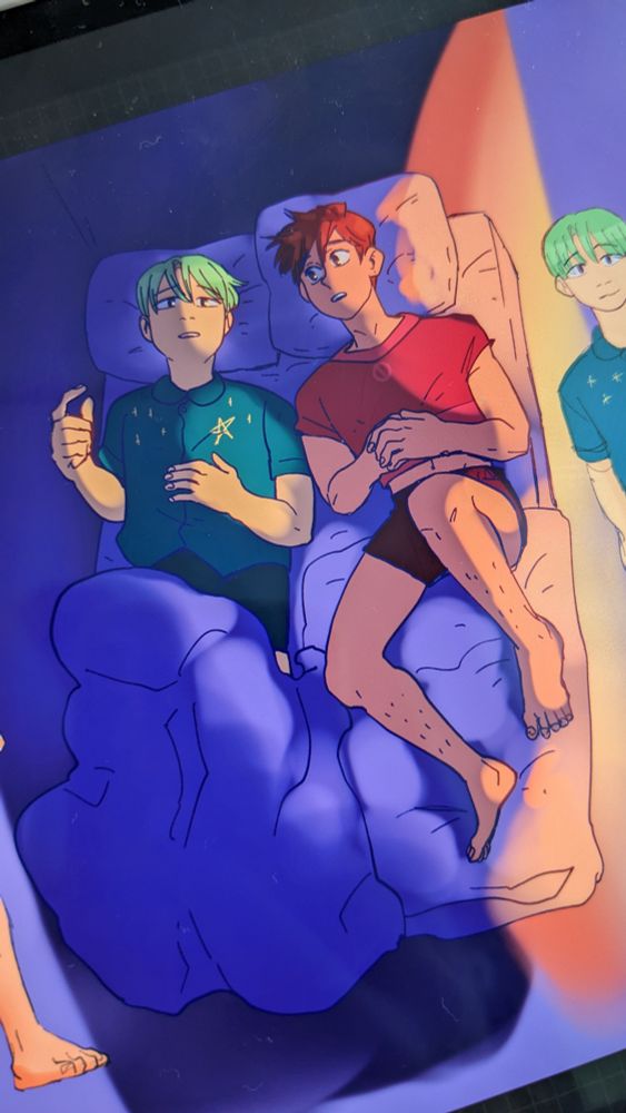Sketch of Greg and Jae laying next to each other on a bed and talking. Greg is wearing reddish and Jae green clothes. The background is in blue tones with an orange light source from the right.