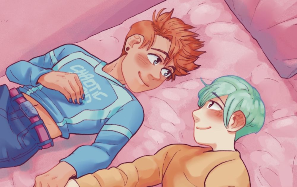 Drawing of my comic cover. The characters Greg and Jae are laying on a bed looking lovingly at each other 