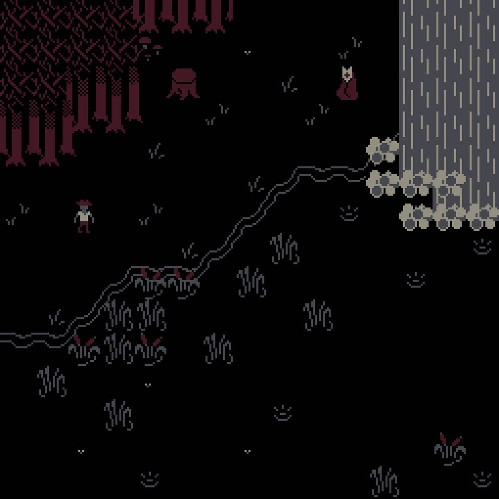 An animated 2-bit scenery with a river, a waterfall, and a forest brink. Two figures stand besides the riverbank, one looking like a cowboy, and another in a robe with a mask. The scenery is moody, with dark and reddish tones.