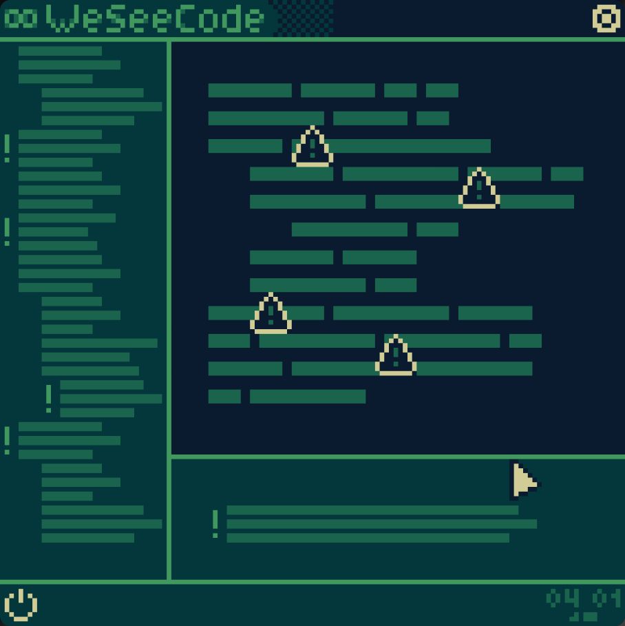 A game screenshot depicting a code editor "WeSeeCode", drawn in blocky pixelart style.