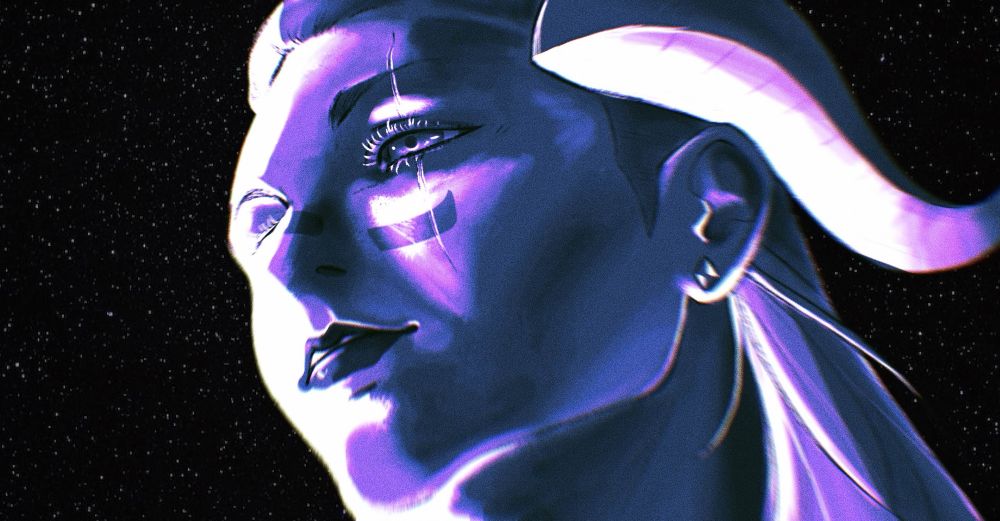 A digital painting of Keimsath, a Roegadyn woman from Final Fantasy 14. She has horns on the side of her head, dark lipstick, and a scar over her eye. The painting is monochromatic in all purple hues, showing Keimsath wistfully staring off into space. A black background of stars sits behind her.