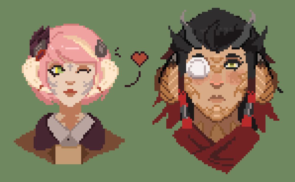 Pixel art of two Au Ra characters from Final Fantasy 14. Ren is left, a slim character with pink hair and white horns. Pictured right is Junfeng, who has caramel-colored horns and scales, an eyepatch on his right eye, and black hair with red accents.