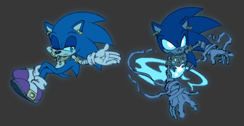Two flat-color drawings of Sonic the Hedgehog as he appears in the fancomic Ghosts of the Future. In the image on the left he appears friendly and nonchalant, grinning slyly. As a ghost, he floats in the air and glows slightly. In the image on the right, he appears as a frightening, half-skeletal specter, swiping at the viewer. 