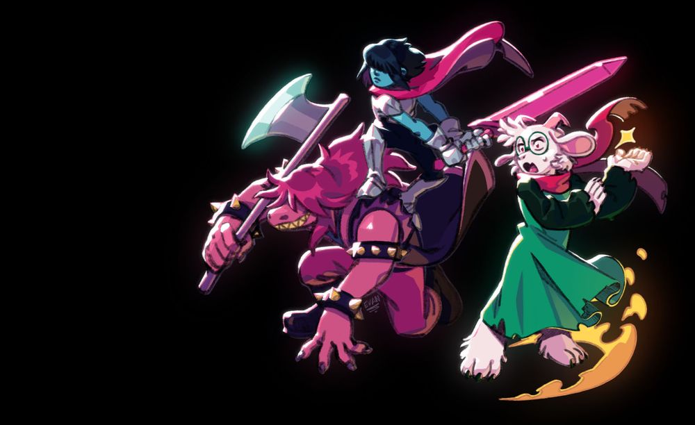 Colored illustration of Susie, Kris, and Ralsei from Deltarune on a black background. Susie crouches, grinning, her axe resting on one shoulder. Kris is perched on her other shoulder, ready to leap off and strike. Ralsei stands at their side, mouth open and hands raised as he prepares to cast a spell. 