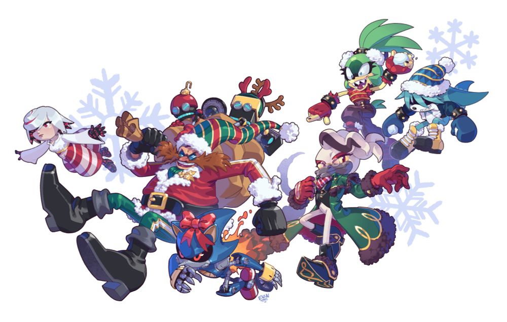 A collage of several villains from the Sonic the Hedgehog series, all wearing festive winter/Christmas outfits. 