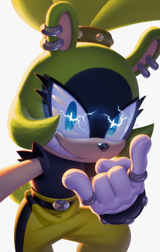 A painted illustration of Surge the Tenrec. She leans in close, grinning as she throws a "devil's horns" hand sign. Electricity arcs between her pupils. 
