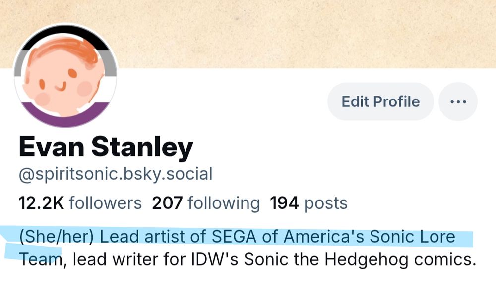 Screenshot of Evan Stanley's bluesy user profile. The description reads "(she/her) Lead artist of SEGA's sonic lore team, lead writer for IDW's Sonic the Hedgehog comics".