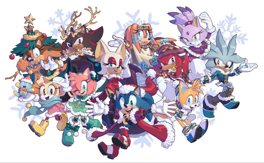 A collage of Several Sonic characters in winter and Christmas-themed outfits 