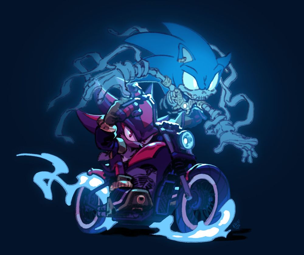 Shadow the Hedgehog riding a black and red motorcycle with a spectral, skeletal version of Sonic the Hedgehog hovering him. The motorcycle's wheels blaze with bright blue ectoplasm.
