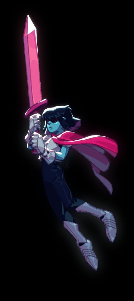 Illustration of Kris Dreemurr floating in a black void, holding their sword in front of them with both hands.