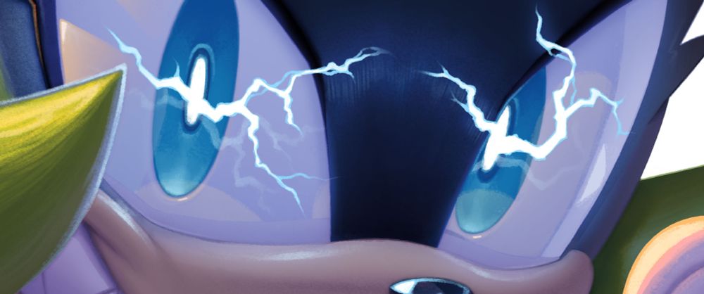 Close-up of a very detailed painting of Surge the Tenrec's eyes. Electricity arcs out of her white-hot pupils.