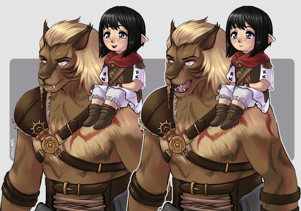side-by-side waist-up images of a lion-style hrothgar who is based on the appearance of Mydei from honkai star rail, with a small dark-haired lalafel woman sitting on his shoulder. the left has his mouth open while hers is closed, and the right has the opposite