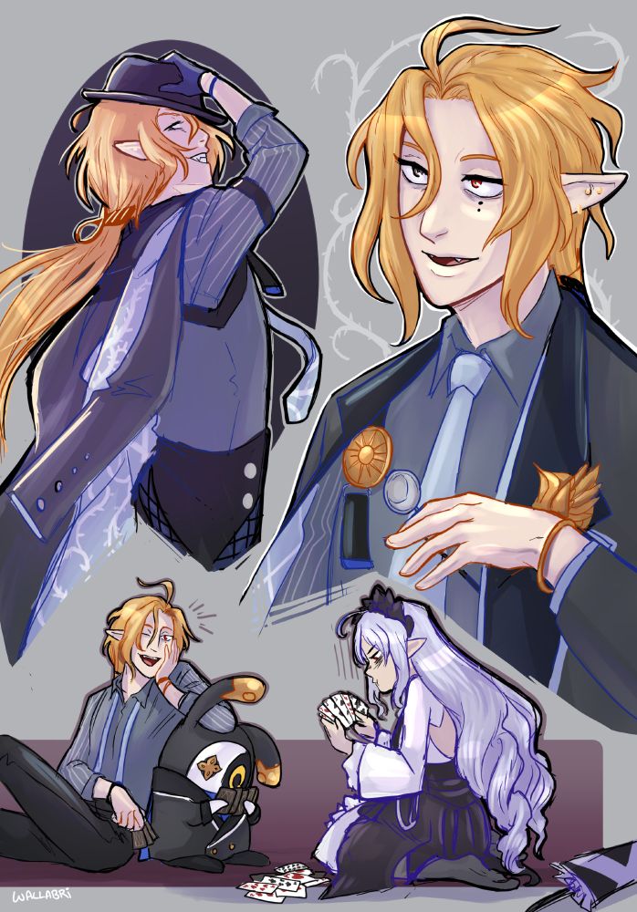 sketch page featuring Hugo from Zenless Zone Zero. top right is a bust shot where he's speaking and doing that fruity hand thing he does in-game. top left is him in profile, hair and clothes blowing in the wind as he does the cool look back over his shoulder and grin pose, grabbing his hat. bottom image is hugo, vivian and their bangboo robin playing some kind of card game. vivian appears to be frustrated, hugo is grinning and reclining with his elbow on robin. 