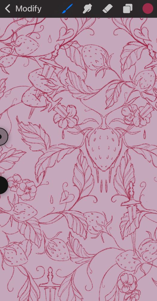 Pattern WIP of heraldic influenced medieval strawberry botanics with bleeding hearts, curling leaves and daggers piercing dripping strawberries. Small strawberry blossom flowers are dotted throughout the curling vines. Done on procreate in red pencil on a light blush background 