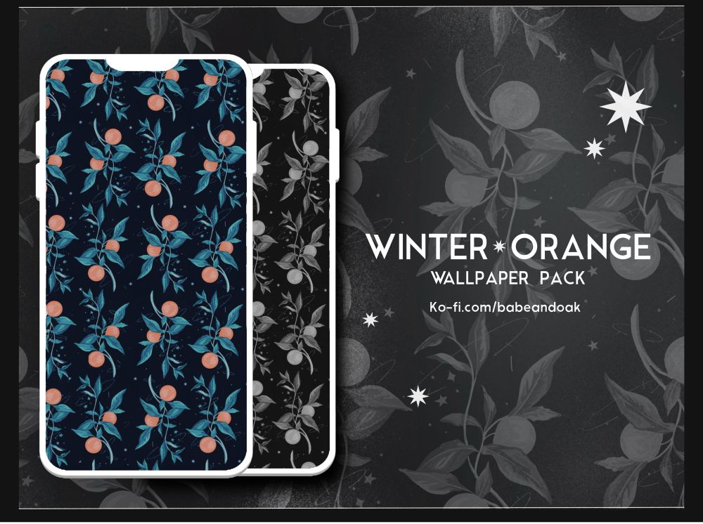Photo of my mystical orange branch winter repeat patterns as phone backgrounds. Two phones are featured with the summer orange branch pattern in colour and black and white. Behind is a larger scale version of the pattern in grey scale with 8 point white stars scattered throughout. Text read “SUMMER ORANGE WALLPAPER PACK ko-fi.com/babeandoak