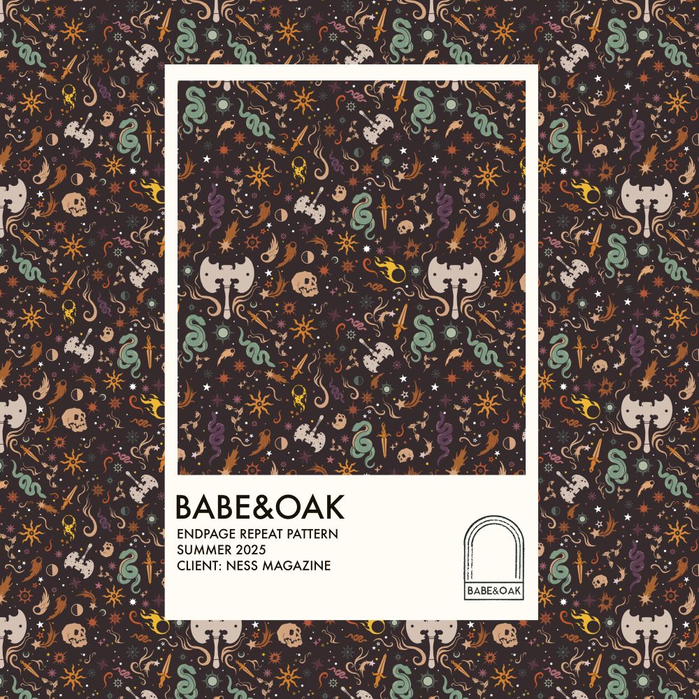 Swatch pattern card on top of matching pattern background. Swatch card is a large white rectangle with a square swatch of the NESS magazine brand pattern I designed in the 2025 summer issue colour-way. Swatch card has font at the bottom corner that read “BABE&OAK endpage repeat pattern summer 2025 client: NESS magazine” and the stamp for Babe&Oak in the bottom right corner.
