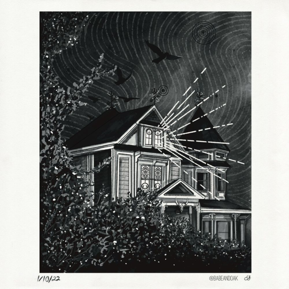 Night Magic - Black and white ink illustration of a magic filled Victorian house with an ominous surrounding.  of a shrub framing the left side and bottom of the page. In the middle is a Victorian revival house with a spire to the right and a porch. Over the porch is a bison skull and the windows are celestial stain glass. The roof is black with cosmic looking weather vanes. 5 Crows are flying overheard from the back to the front of the house and the sky is The sky is textured with swirling pattern of lines and with black dot stars 