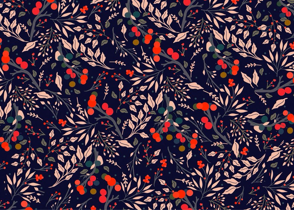 Repeat pattern of the greenery crushed into a forest floor. tan leaf branches and grey slate branches with bright red and dark green large berries also small branches of tan leaves with red berries and slate grey branches with tan leaves on a dark navy blue background