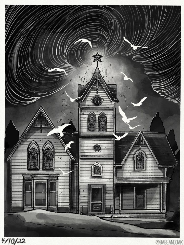 Dark Vibrations - Inktober 2022 black and white ink illustration. Plain rolling hills lead to the door of a  building with a large central spire and a small covered porch. To the left side of the building is a three facet bay windows and the other windows have ornate stained glass. On top of the central spire is a lighting conductor in the shape of a 5 point star. In the highest window of the spire is stain glass in the shape of an eye. Converging at the start is a large vortex spiraling and expanding through the whole sky. The vortex is pulling party’s of the building up towards it and cracking parts of the wood and foundation. The vortex is casting light and highlights on the building and the tress behind it. Converging towards the building is a circle of 12 white bird silhouettes. 