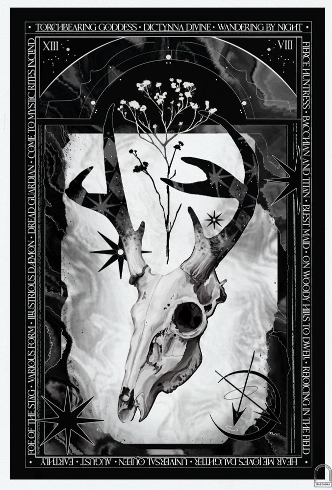 Altar prayer card for the goddess Diana. A rectangular card has a black border with parts of the Orphic hymn for Diana surrounding it as a border in white text. In the bottom right are twin arrows over a crescent moon representing her and Apollo. In the bottom left and top right are white outlined 8 point stars. Inside the border is a marble shockwave black and grey pattern with white outlining that forms an arch at the top with lining to look like columns on both sides. In the middle is a stag skull with painted antlers of a diamond and star pattern. Behind the skull are smaller 8 point stars and cloud ripples. Above the skull is a scraggly branch of queen Anne’s lace with small dots above. In the top corners are two constellations for Sirius as her hunting dogs and Roman numerals for 13 and 8 for the date of the Nemoralia festival.
