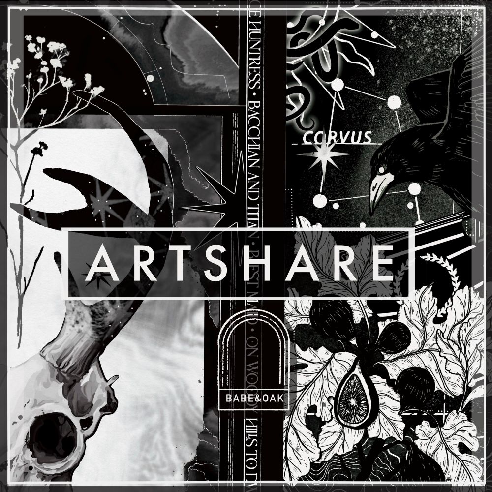 Artshare graphic of my Diana Altar Prayer Card and my Corvus and Crater pieces spliced together in the middle with the Babe&Oak logo over the seam and a large title with border that says ARTSHARE