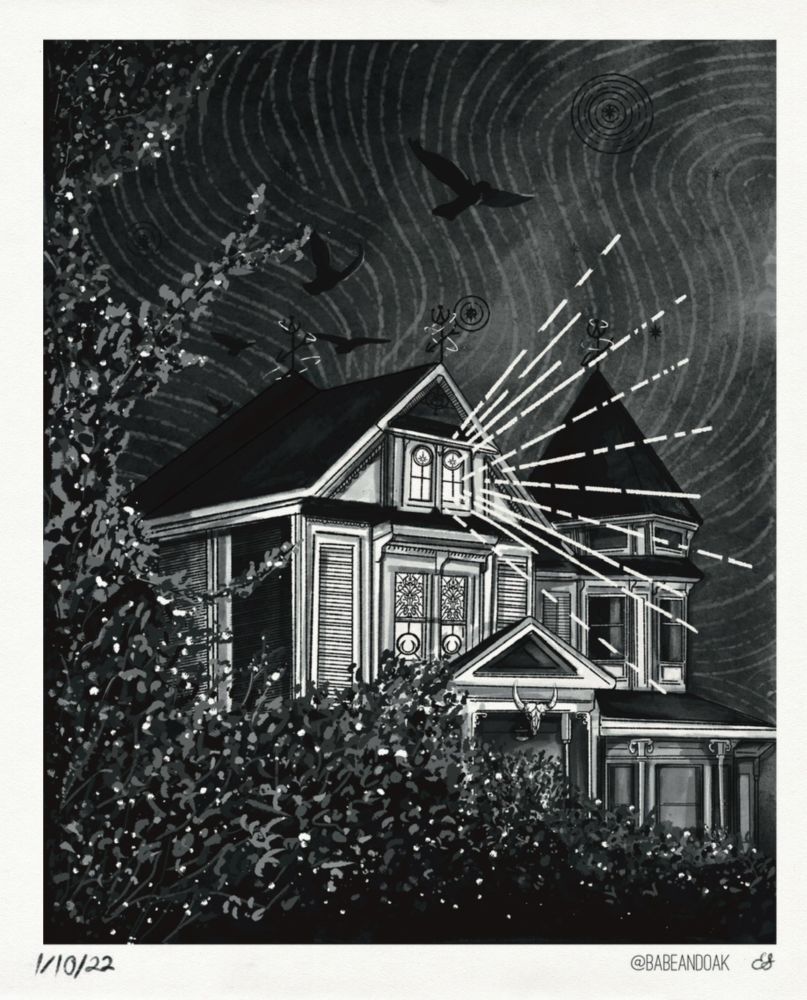 Night Magic - Black and white ink illustration of a magic filled Victorian house with an ominous surrounding.  of a shrub framing the left side and bottom of the page. In the middle is a Victorian revival house with a spire to the right and a porch. Over the porch is a bison skull and the windows are celestial stain glass. The roof is black with cosmic looking weather vanes. 5 Crows are flying overheard from the back to the front of the house and the sky is The sky is textured with swirling pattern of lines and with black dot stars 
